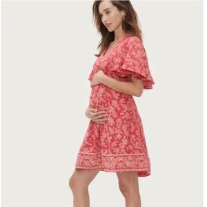Hatch Collection The Grace Maternity Red Dress Floral Flutter Sleeve Size 0/XS